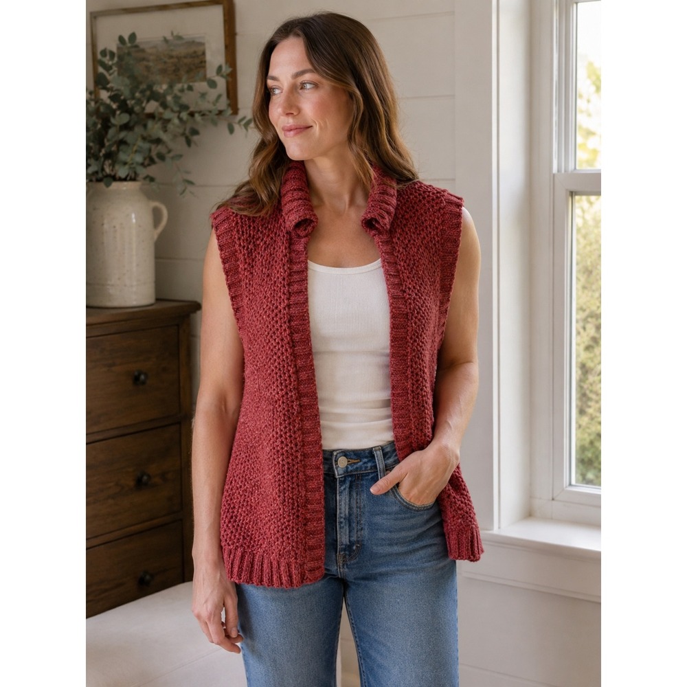 Partners Vintage Heathered Red Wool Blend Chunky Knit Open Front Sweater Vest 44